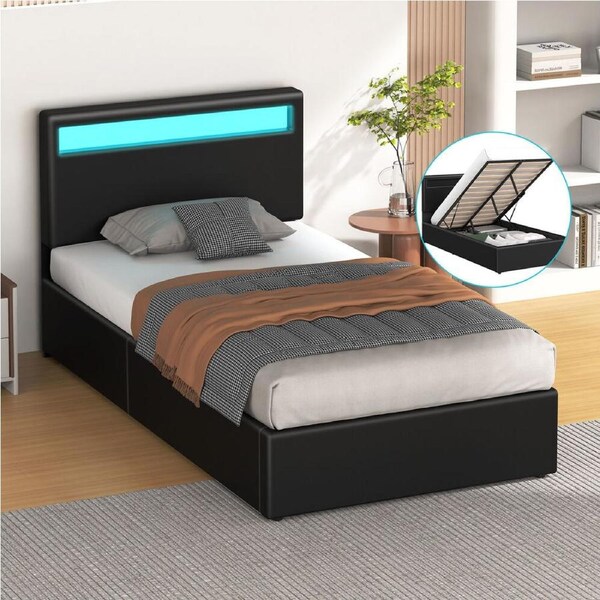 ALFORDSON Bed Frame King Single RGB LED Gas Lift Storage Base Black
