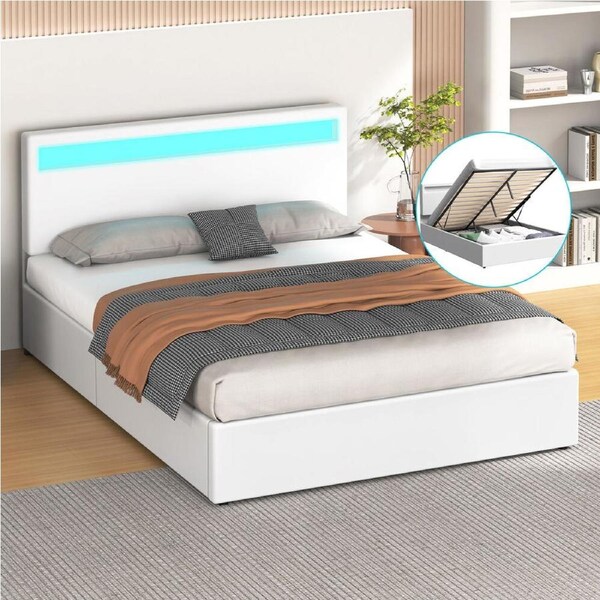 ALFORDSON Bed Frame Queen RGB LED Gas Lift Storage Base White