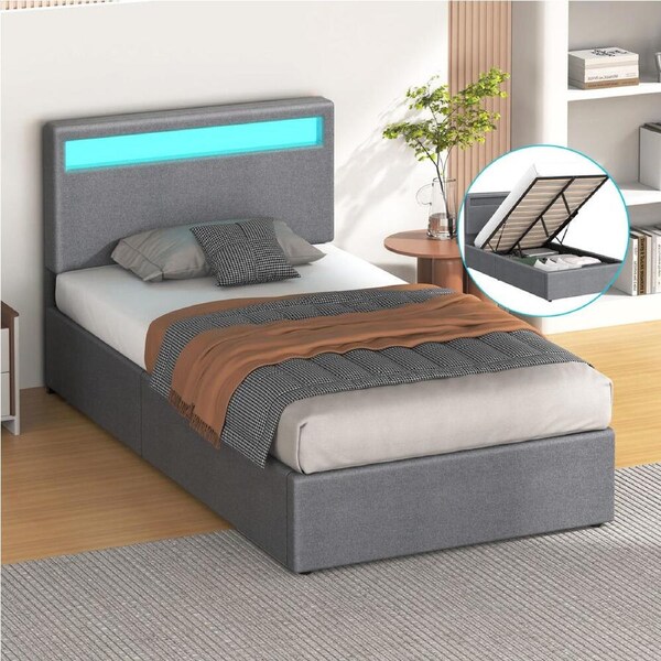 ALFORDSON Bed Frame King Single RGB LED Gas Lift Storage Base Grey
