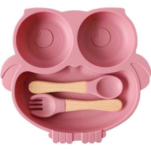Owl Silicone Baby Feeding Bowl and Cutlery - 3 Pc Set 20x18cm Pink