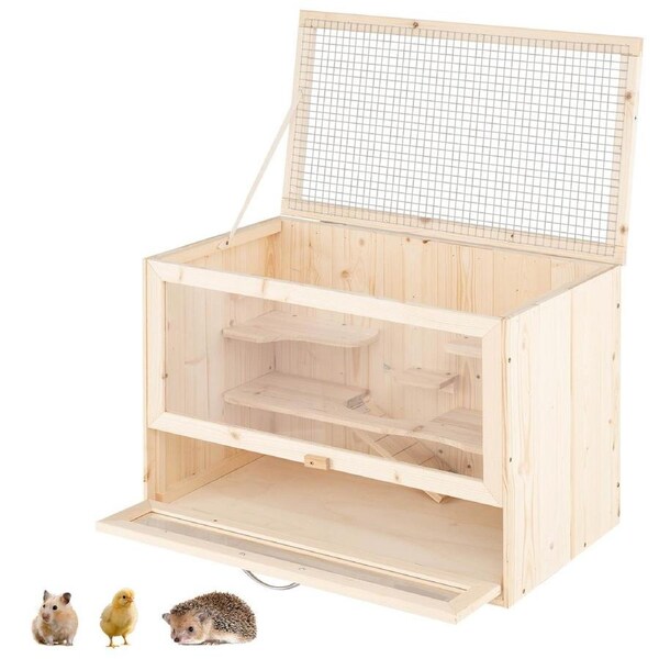 Costway 60cm Wood Hamster Cage Pet Small Animal Run Carrier Lockable Transparent Habitat Flip Roof Multi-Ladder Guinea Pig Gerbil Chicken