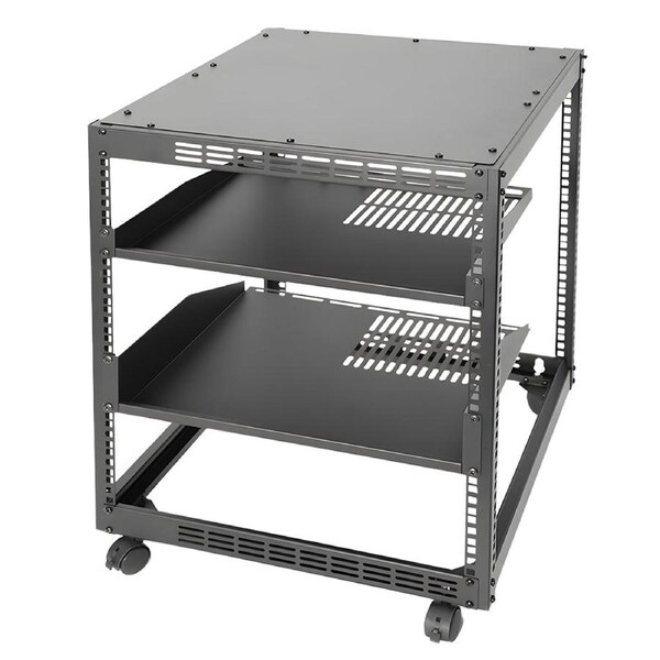 Alston 12U Open Frame Server Rack Hifi Device Rack with Vented Shelves Heavy Duty 4-Post AV/IT Network Rack Free Standing with Lockable Casters