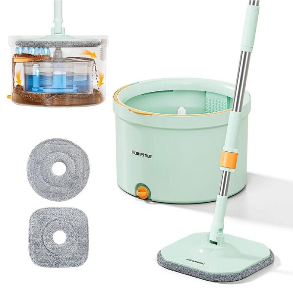 Premium Microfiber Round Mop Bucket Set w/ Clean & Dirty Water Separation 360 Degree - Light Green
