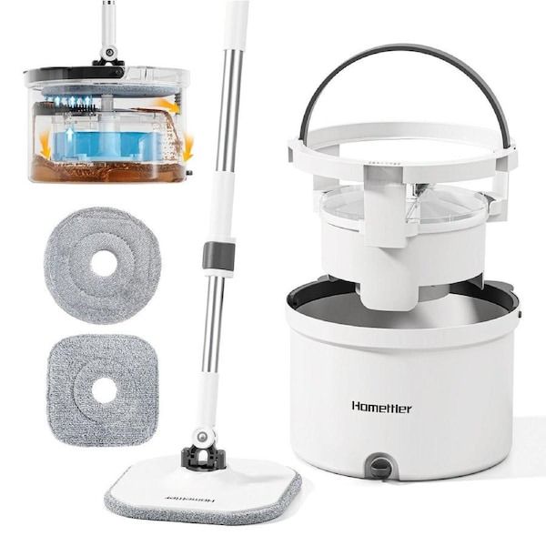 Premium Microfiber Round Mop Bucket Set w/ Clean & Dirty Water Separation 360 Degree - White