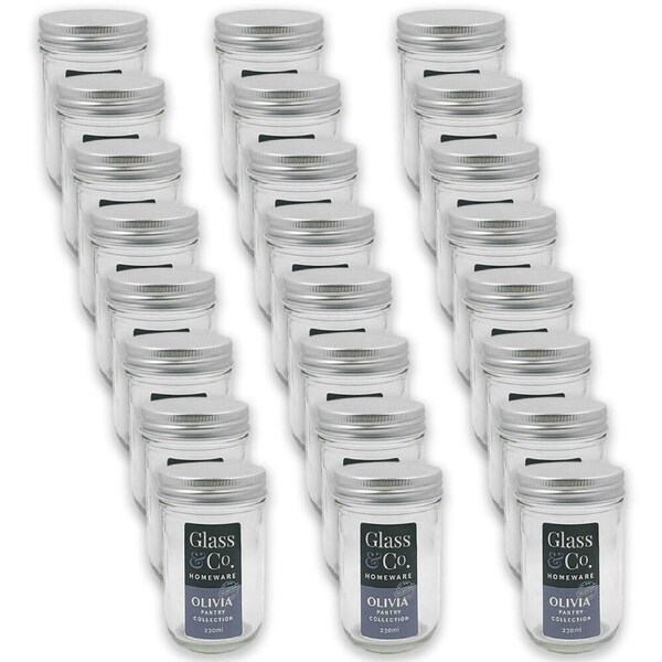 24PK Glass & Co Olivia Pantry Tall Round Silver Screw Lid Jar 230ml Clear