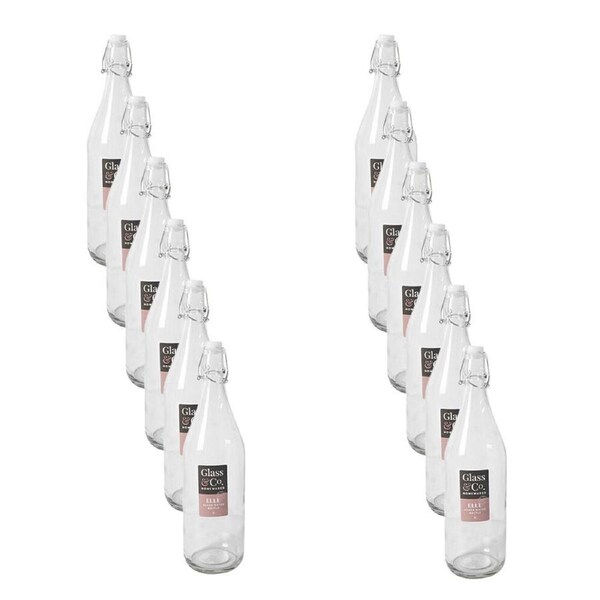 12PK Glass & Co Elle Tall Leak-Proof Clip Lid Round Water Bottle 1L Clear