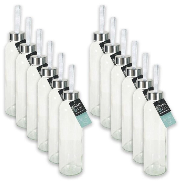 12PK Glass & Co Large Silver Screw Lid Drinking Bottle w/ Handle 500ml Clear