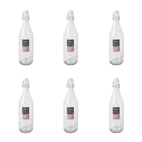 6PK Glass & Co Elle Tall Leak-Proof Clip Lid Round Water Bottle 1L Clear