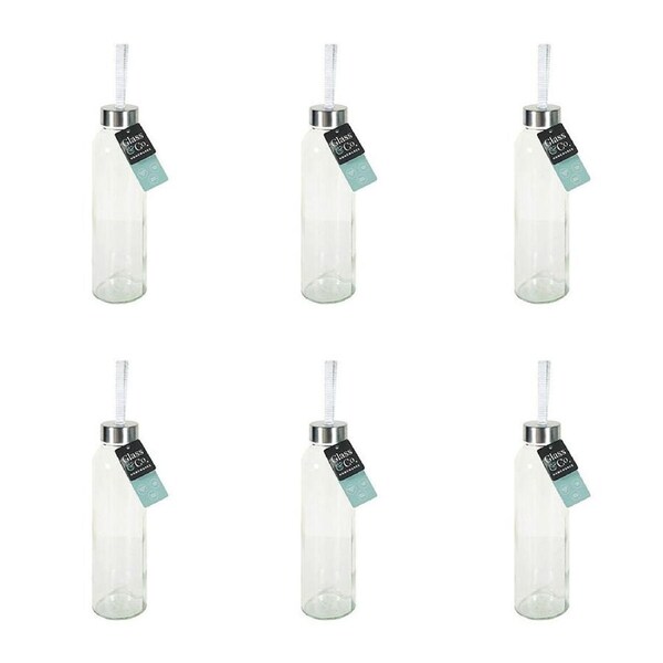 6PK Glass & Co Large Silver Screw Lid Drinking Bottle w/ Handle 500ml Clear