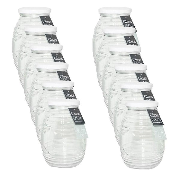 12PK Glass & Co Cleo Ribbed Large Round Screw Lid Jar 750ml Clear Assorted