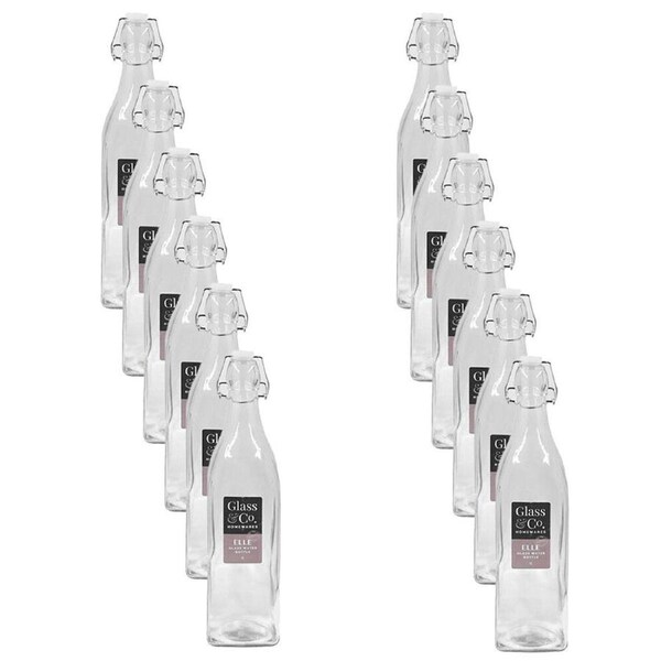 12PK Glass & Co Elle Tall Leak-Proof Clip Lid Square Water Bottle 1L Clear