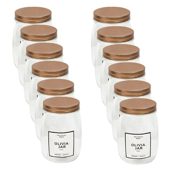 12PK Glass & Co Olivia Premium Round Squat Rose Gold Screw Lid Jar 1L Clear