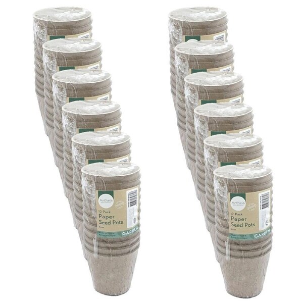 12x 12pc Antheia Eco Round Recycled Paper Seed Pots Planter Pack 6cm Brown