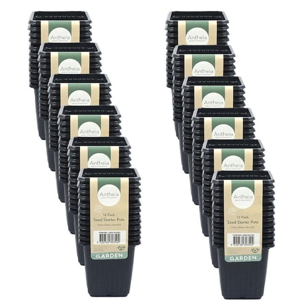 12x 12pc Antheia Small Square Soft Seed Starter Pots Pack 7.6x8cm Black