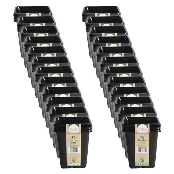 24x 6pc Antheia Plastic Square Garden Planter Pots Large Pack 11x11.5cm Black