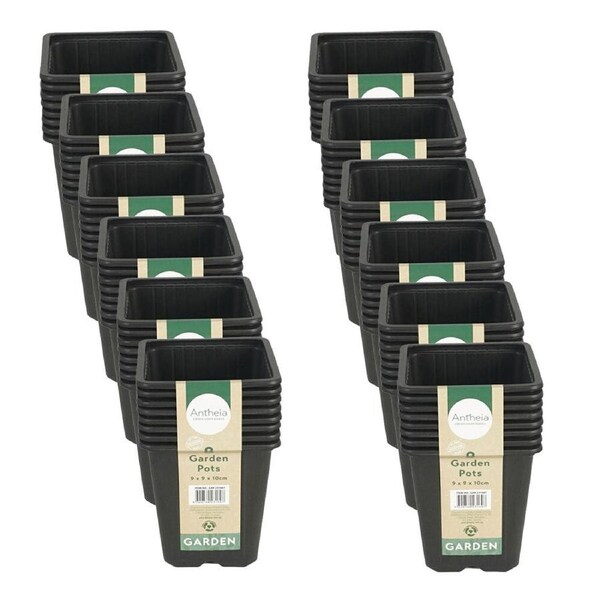 12x 8pc Antheia Plastic Square Garden Planter Pots Medium Pack 9x10cm Black
