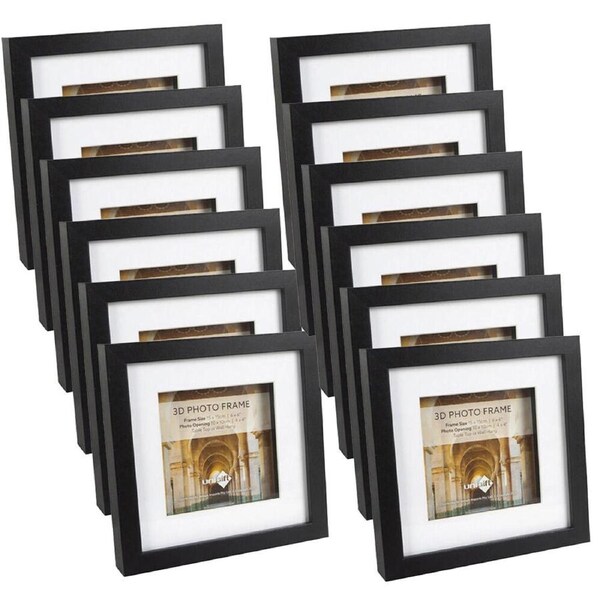 12PK Unigift 3D Wooden/Glass Picture Photo Frame 15x15cm/10x10cm Black