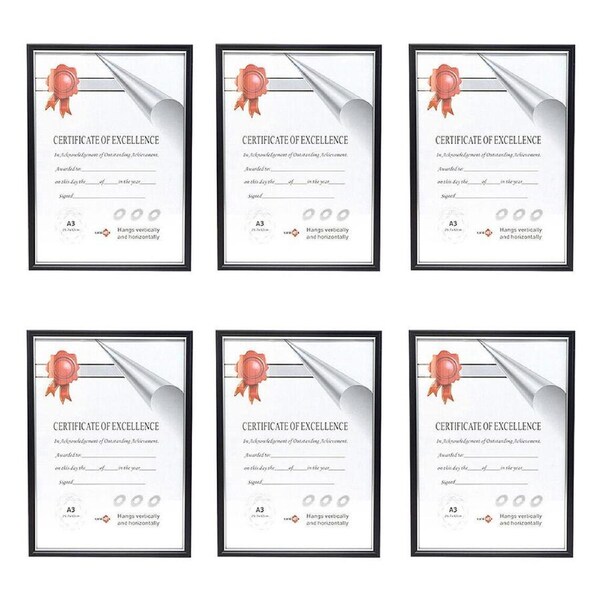 6PK Unigift Certificate Glass Picture Photo Frame A3 29.7x42cm Black/Silver