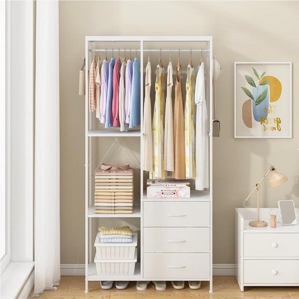 Advwin Open Wardrobe with 3 Fabric Drawers and 4 Storage Shelves Clothes Rack Garment Coat Hanging Rail White