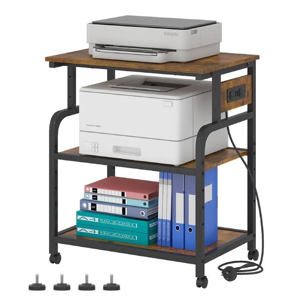 Advwin Mobile Printer Stand with Charging Station and Height Adjustable Shelves Rustic Brown