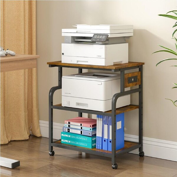Advwin Large Mobile Printer Stand with Charging Station and Height Adjustable Shelves Rustic Brown 56x38x65cm