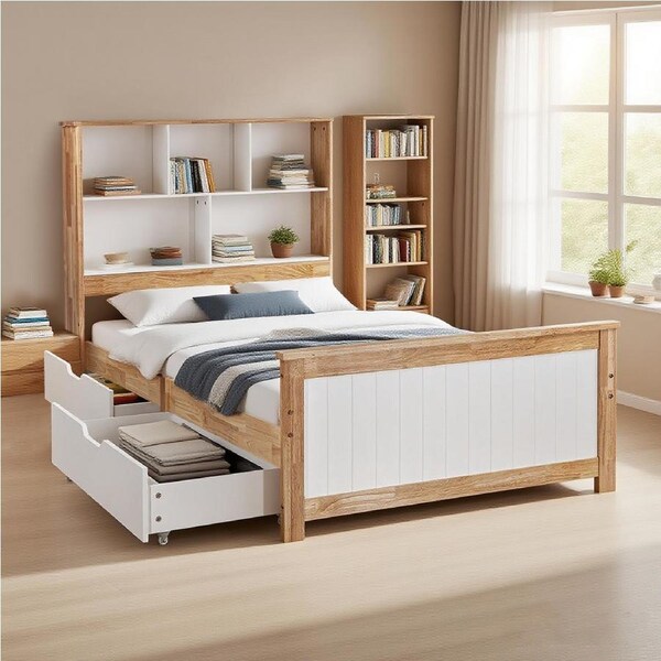 ACA Bed Frame King Single Wooden With 2 Drawers Bookshelf Bed Head