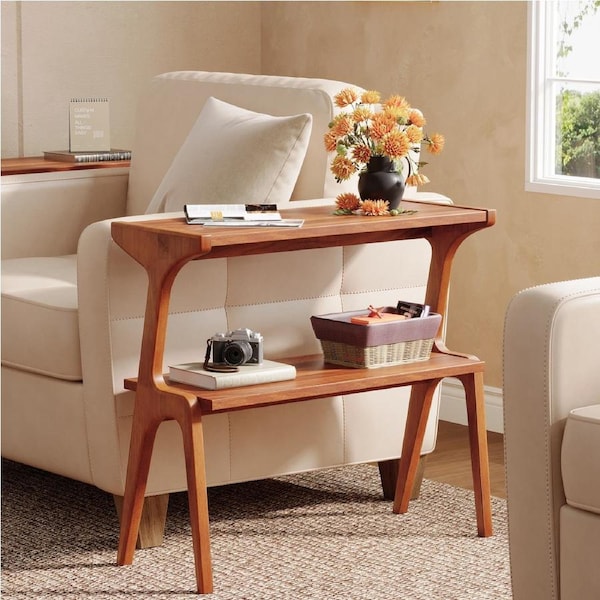 OAKORY 67cm Solid Wood Narrow Side Table with 2 Tier Storage Shelf in Rustic Brown