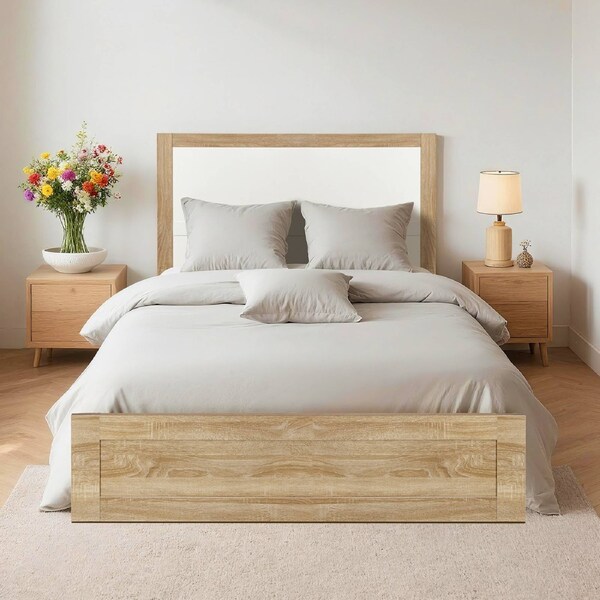 Bed Frame Queen Size Wooden Base Mattress Platform Foundation Light Wood