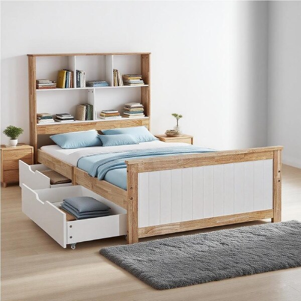 King Single Wooden Bed Frame Platform Bookshelf Bed Head With 2 Drawers Beds Base