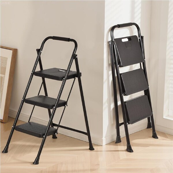 Advwin 3 Step Ladder, Folding Steel Step Stool 150kg Capacity with Wide Anti-Slip Pedals
