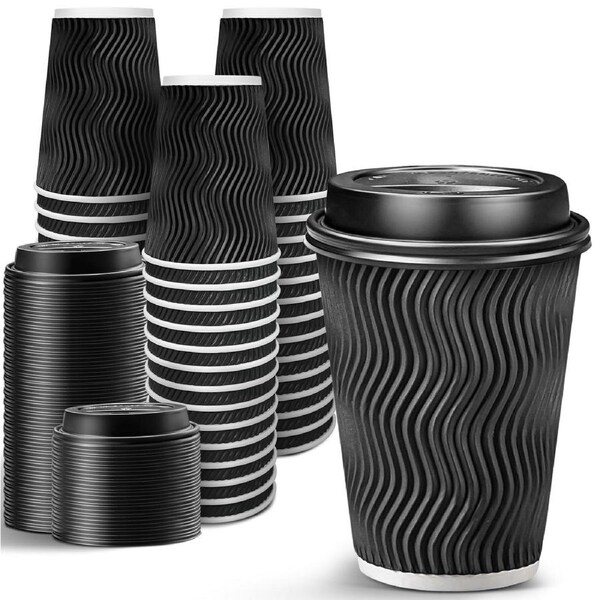 360x Triple Wall Paper Coffee Cups w/Lids (12oz) Disposable Takeaway Bulk in Black