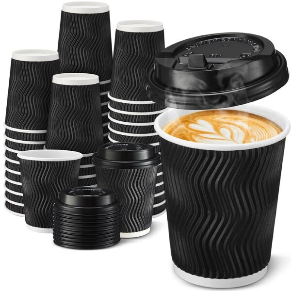 360x Triple Wall Paper Coffee Cups w/Lids (8oz) Disposable Takeaway Bulk in Black