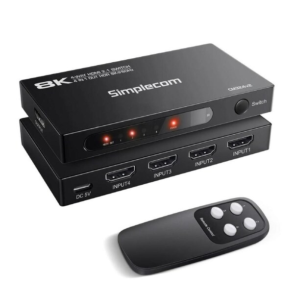 Simplecom CM324v2 4-Port HDMI 2.1 Switch with Remote 4 IN 1 OUT Splitter HDCP 2.3 8K@60Hz