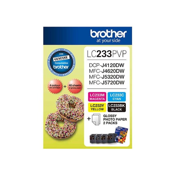 Brother LC233 Photo Value Pack - 1x Black 1x Cyan 1x Magenta 1XYellow + 40 Sheets Photo Paper
