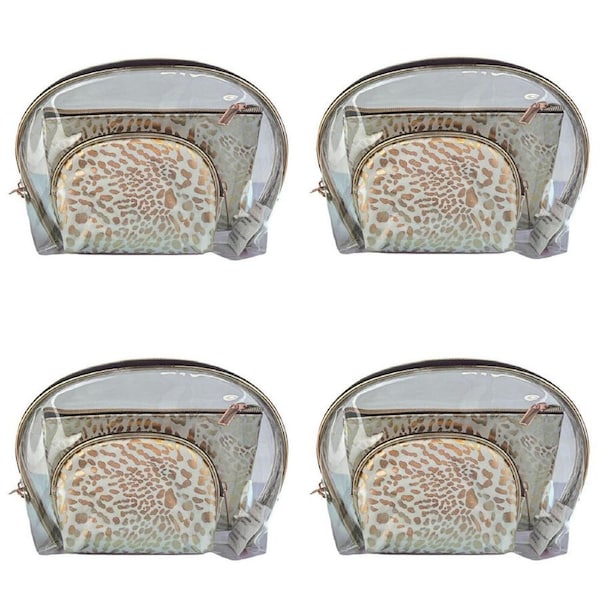 4x 3pc Frankie & Me Womens Zip Cosmetics Makeup Toiletry Bag Set White Leopard
