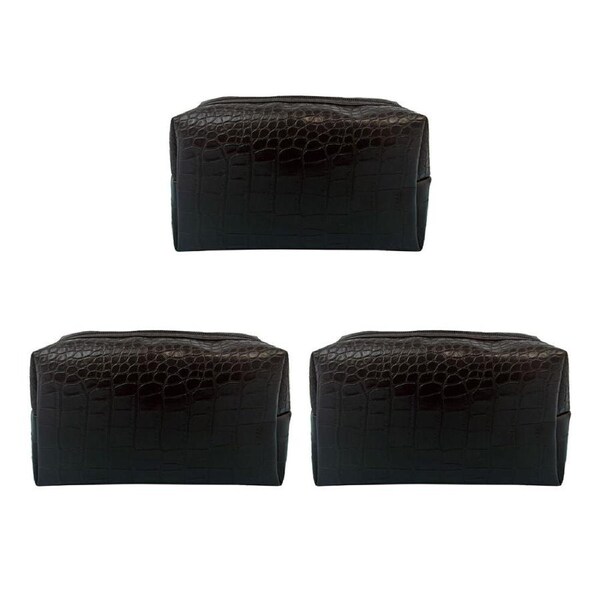 3PK Frankie & Me Womens Rectangle Zip Cosmetic Toiletry Bag 18cm Crocodile Black