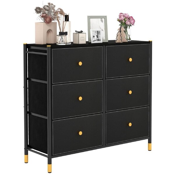 Costway 6 Chest of Drawers Storage Dresser Organiser Unit w/Metal Frame & Fabric Bins Tallboy Cabinet Black