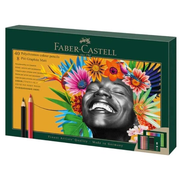 Faber-Castell 50pc Polychromos Colour & Pitt Graphite Matt Pencils Gift Set Eraser Sharpener