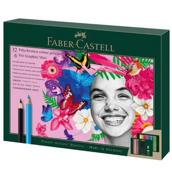 Faber-Castell 40pc Polychromos Colour & Pitt Graphite Matt Pencils Gift Set Eraser Sharpener