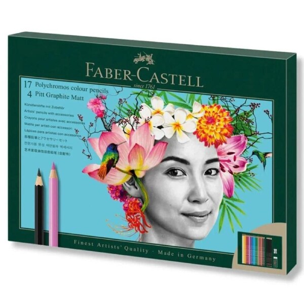 Faber-Castell 23pc Polychromos Colour & Pitt Graphite Matt Pencils Gift Set Eraser Sharpener