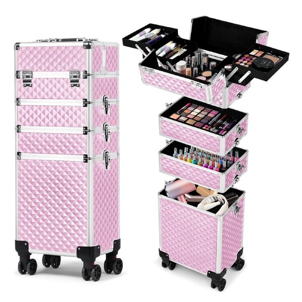 Advwin Makeup Trolley Case, 4 in 1 Rolling Cosmetic Train Case Large Capacity Cosmetic Trolley with Universal Wheels, Removable Partitions, Secure Locks, Pink
