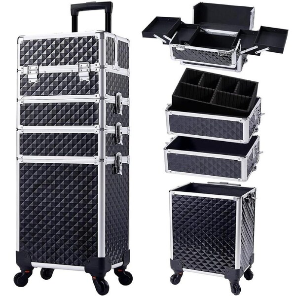 Advwin Makeup Trolley Case, 4 in 1 Rolling Makeup Train Case Large Capacity Cosmetic Trolley, with Universal Wheels, Removable Partitions, Secure Locks