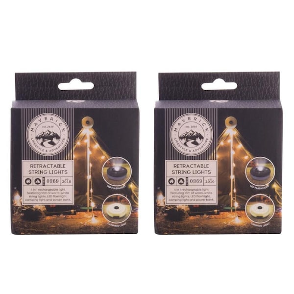 Maverick Retractable LED String Lights 10m USB-C Rechargeable - Set of 2