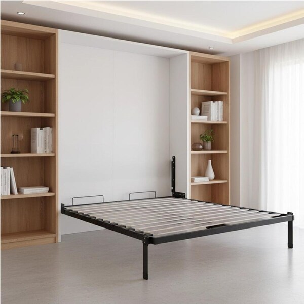 Double Wall Bed in White – Space Saving Murphy Bed Kit with Silver Door Handle