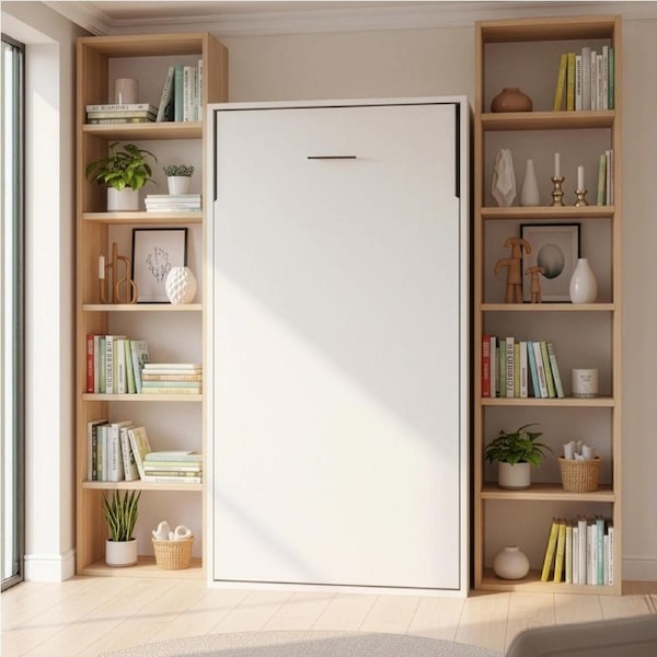 Single Wall Bed in White Gloss – Space Saving Murphy Bed Kit with Black Door Handle