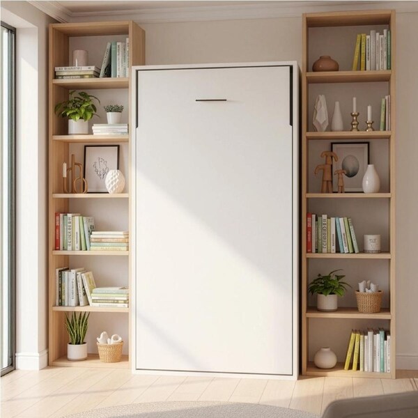 Single Wall Bed in White Gloss – Space Saving Murphy Bed Kit with Silver Door Handle