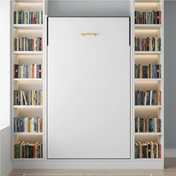 Single Wall Bed in White Gloss – Space Saving Murphy Bed Kit with Gold Door Handle
