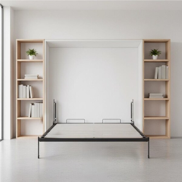 Queen Wall Bed in White Gloss – Space Saving Murphy Bed Kit with Black Door Handle