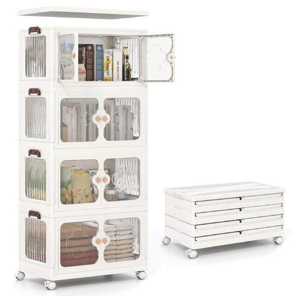 Babyjoy 4 Tier Stackable Storage Bins Closet Storage Organizer w/Transparent Doors & Wheels