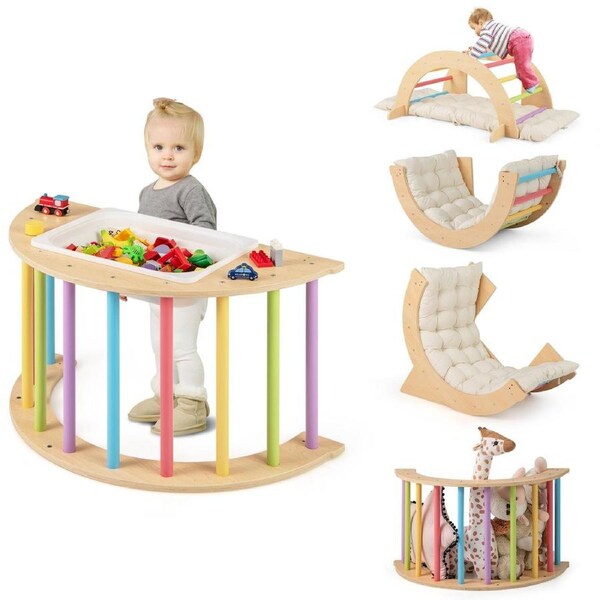 Babyjoy Climb Playset 6 in 1 Climbing Arch Frame Wooden Stoppers Toy Rocker Chair Table w/Removable Cushion